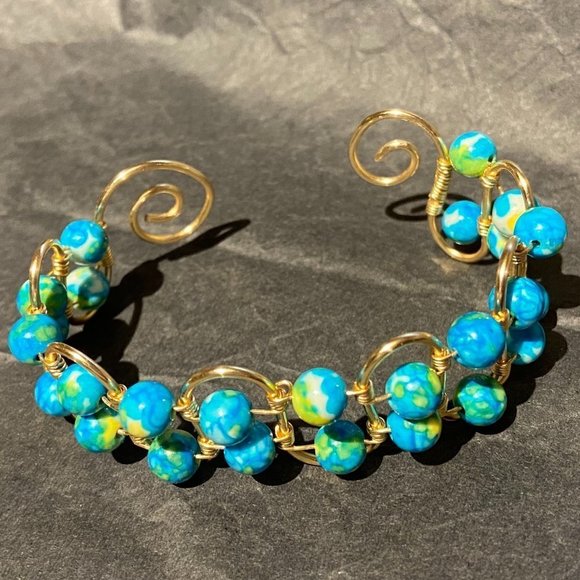 Gold Tone Wire Bracelet with Synthetic Jade Ocean Dyed Beads - Picture 3 of 9
